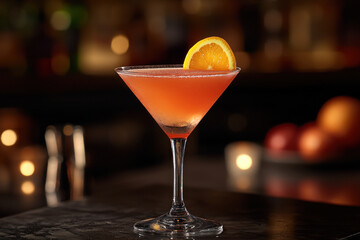 Orange cocktail in martini glass on bar with blurred background lights