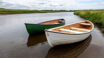 Obraz premium Fix Interpretation Cooperation concept. Two wooden boats in a calm river surrounded by lush greenery.