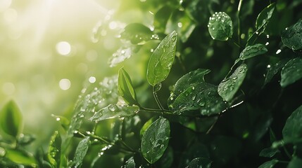 5. Crystal-clear droplets on green foliage reflecting sunlight in a refreshing scene