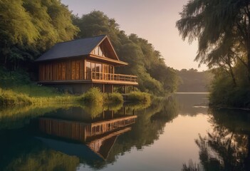 Fototapeta premium A quaint house rests peacefully on a small island in the middle of a serene lake