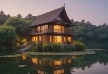 Obraz premium A quaint house rests peacefully on a small island in the middle of a serene lake