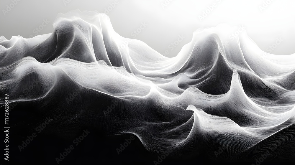 Aufkleber Abstract Black and White Backgrounds. An abstract grayscale image depicting a landscape of flowing, undulating forms. The interplay of light and shadow creates a sense of depth and texture.
