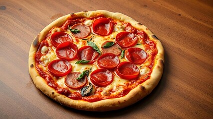 Delicious classic Italian pizza topped with mozzarella, ham, pepperoni, and paprika on a crispy crust, paprika, classic