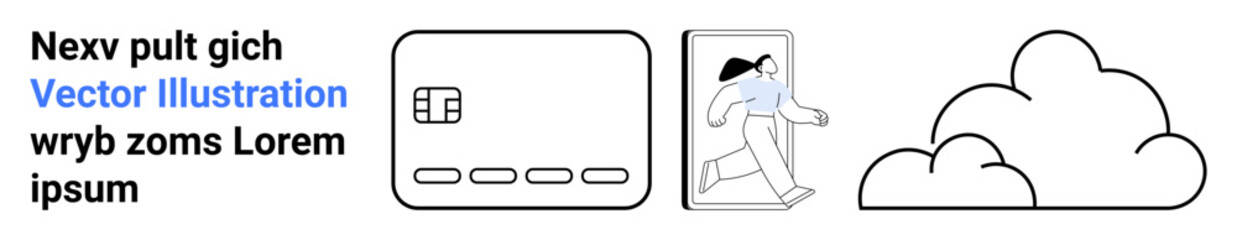 Digital illustration featuring a woman walking through a mobile device, a credit card, and clouds. Ideal for mobile technology, finance, online payments, cloud computing, digital transformation