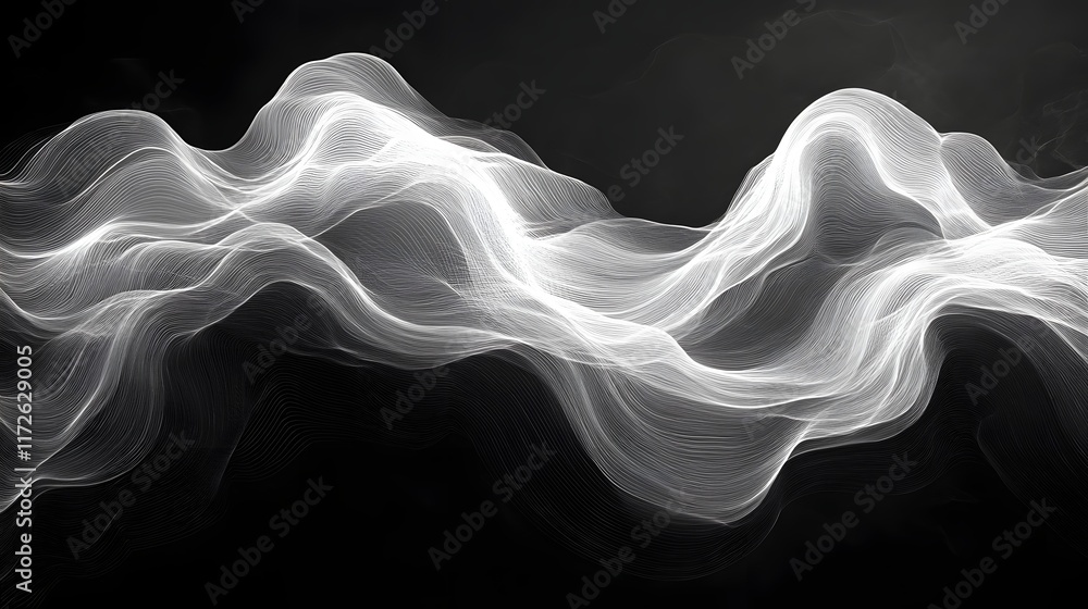 Poster abstract black and white backgrounds. serene digital artwork featuring abstract white waves flowing 