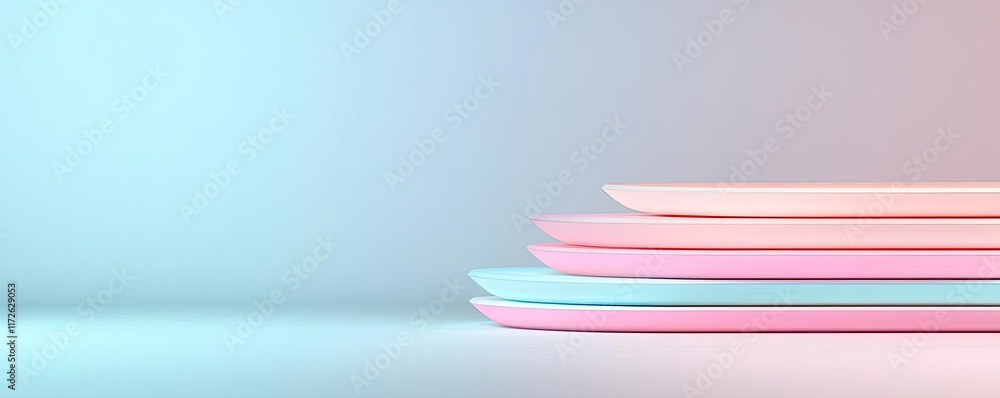 Poster Soft abstract background idea. Pastel colored plates stacked on a soft gradient background for modern designs.