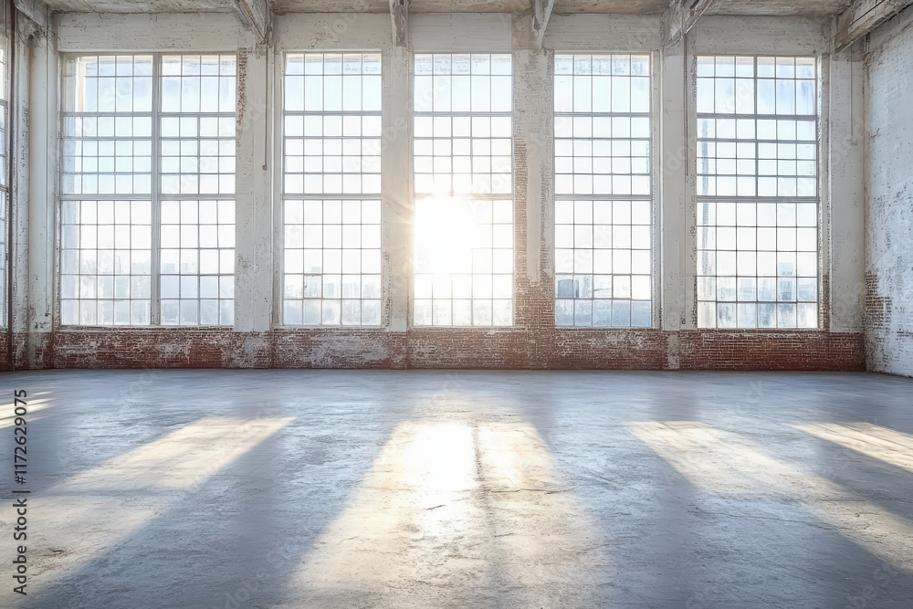 Poster vast, dimly lit empty studio space with tall windows and sunlight streaming through in a minimalist 