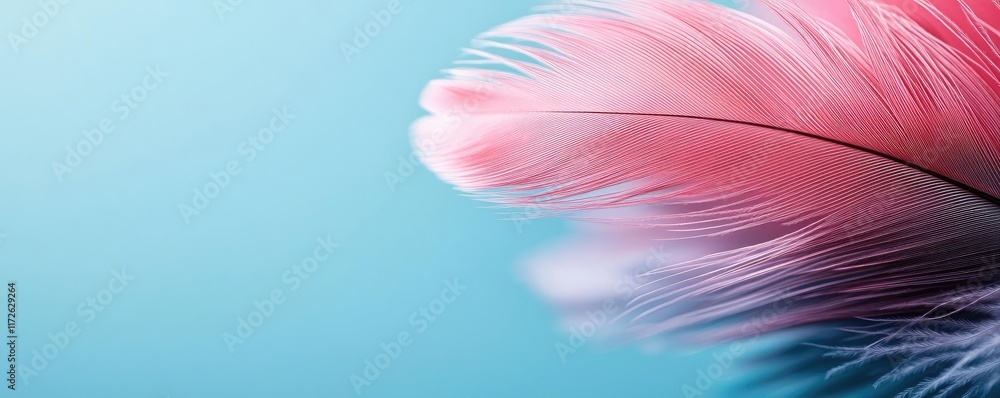 Poster Feather abstract background concept. Soft pink feather with a delicate texture against a serene blue background.