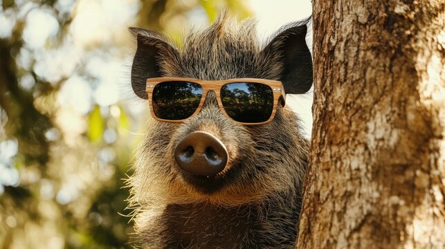 Close-up of a wild boar wearing sunglasses, leaning against a tree in a forest. - Powered by Adobe