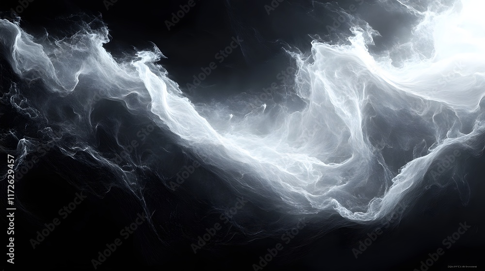 Poster Abstract Black and White Backgrounds. Abstract digital art featuring swirling white forms against a dark background. Evokes a sense of serenity and calm.