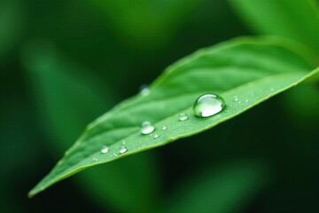 A solitary raindrop glistening on a small green leaf, single drop, water