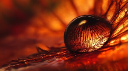 15. Close-up view of a single droplet on a leaf tip with reflections of the surroundings