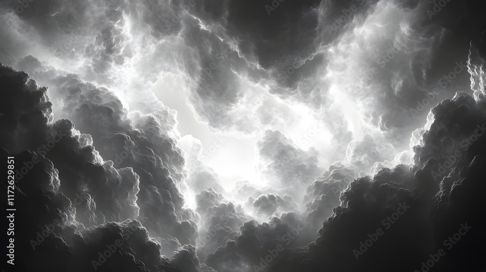 Poster Abstract Black and White Backgrounds. A breathtaking grayscale image capturing a dramatic cloudscape. Light pierces through dark, heavy clouds creating a stunning visual.