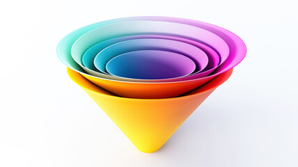 A modern funnel chart featuring smooth, gradient-colored layers flowing downward, creating an engaging 3D effect on a clean white background, ideal for data presentation.