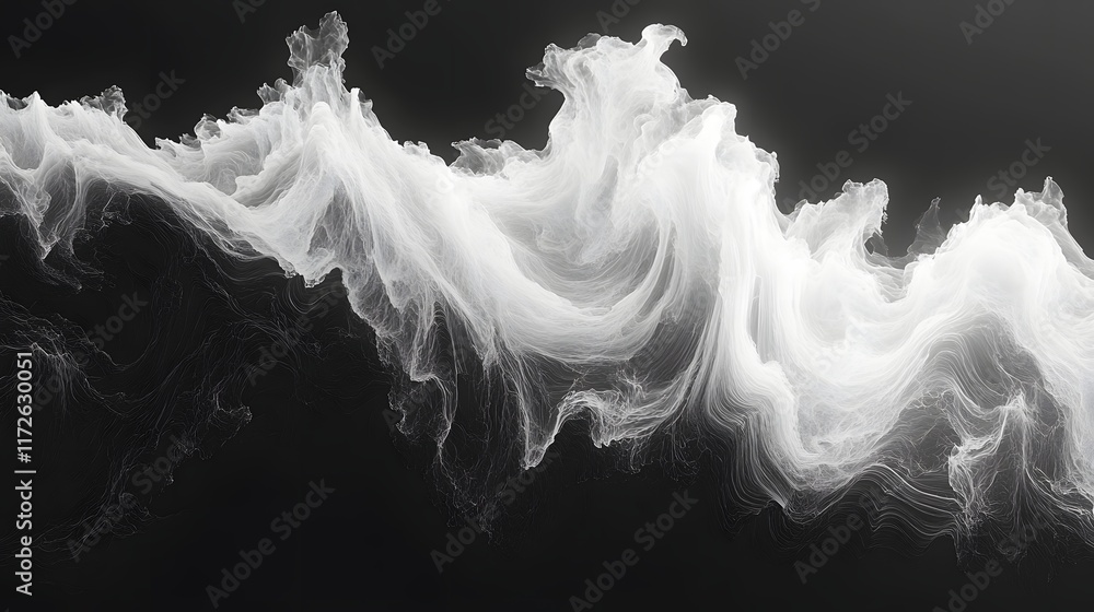 Poster Abstract Black and White Backgrounds. Abstract digital art depicting a flowing white wave against a dark background. The image showcases movement and texture.