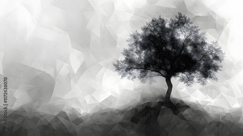 Poster abstract black and white backgrounds. a solitary tree stands on a hill in this striking monochrome d