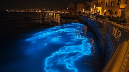 Bioluminescent ocean waves illuminate a coastal city at night