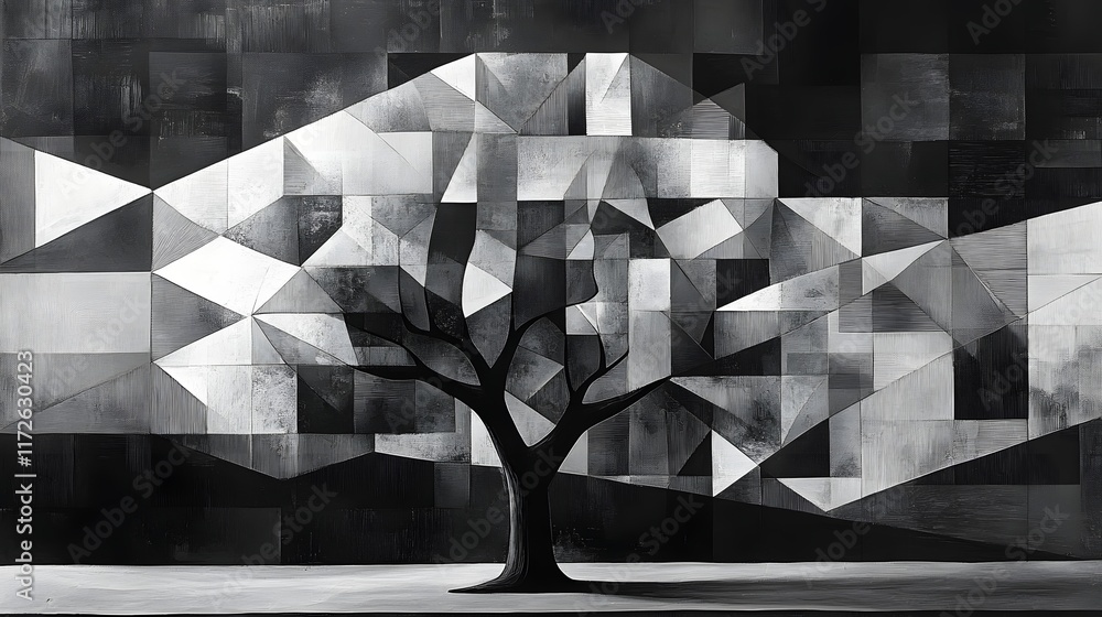 Poster Abstract Black and White Backgrounds. Abstract grayscale painting of a tree rendered in geometric shapes. The monochrome palette creates a sense of calm.