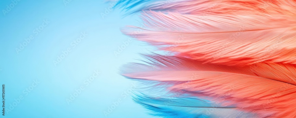 Poster feather abstract background concept. vibrant colored feathers against a soft blue backdrop, enhancin