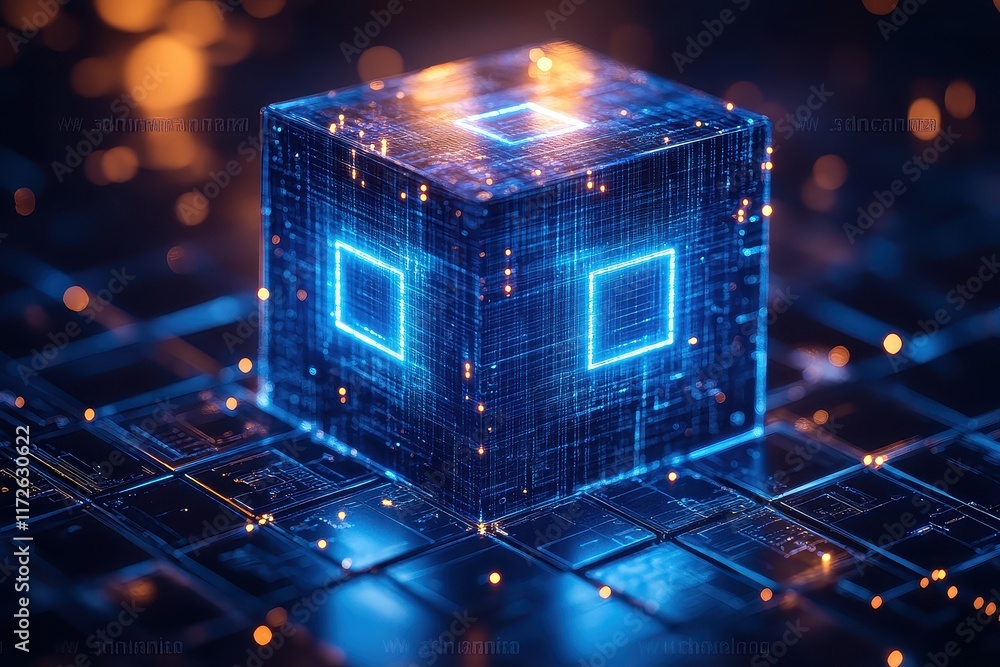 Poster glowing digital cube illuminates a circuit board with intricate patterns and vibrant colors at night