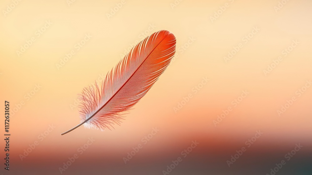 Poster feather abstract background concept. a delicate red feather drifting gracefully against a soft, blur