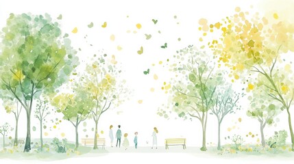 Playful doodle of a serene park with vibrant trees and cheerful figures walking under a sky filled with butterflies. Generative AI