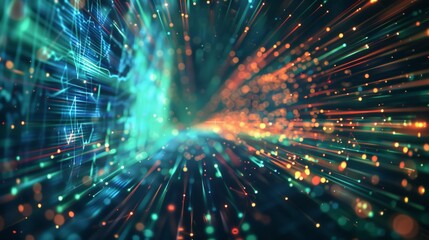 Abstract Data Stream with Blue and Orange Particles and Light Trails