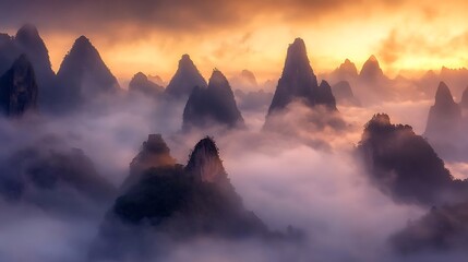19. Layered mountain silhouettes under a misty dawn sky with gentle light diffusing through