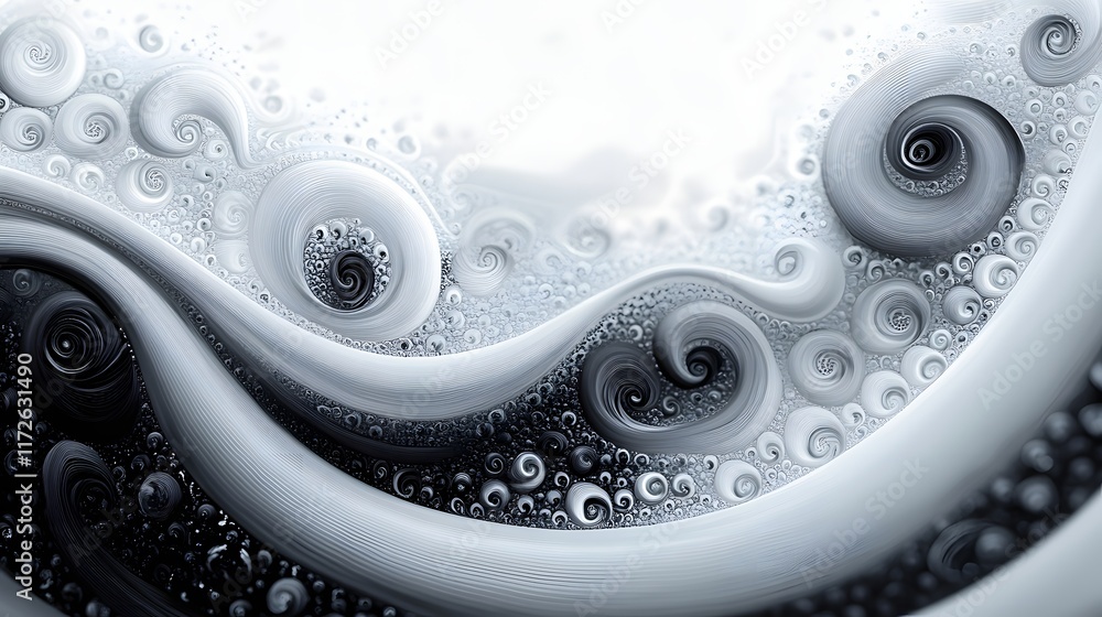 Poster Abstract Black and White Backgrounds. Stunning monochrome fractal art featuring swirling patterns and contrasting light and dark tones creating a sense of balance.