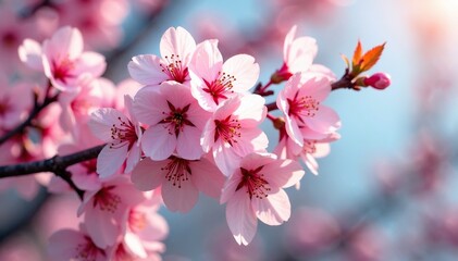 Fototapeta premium Branches of Prunus avium Plena covered with delicate pink blossoms, blooming, prunus