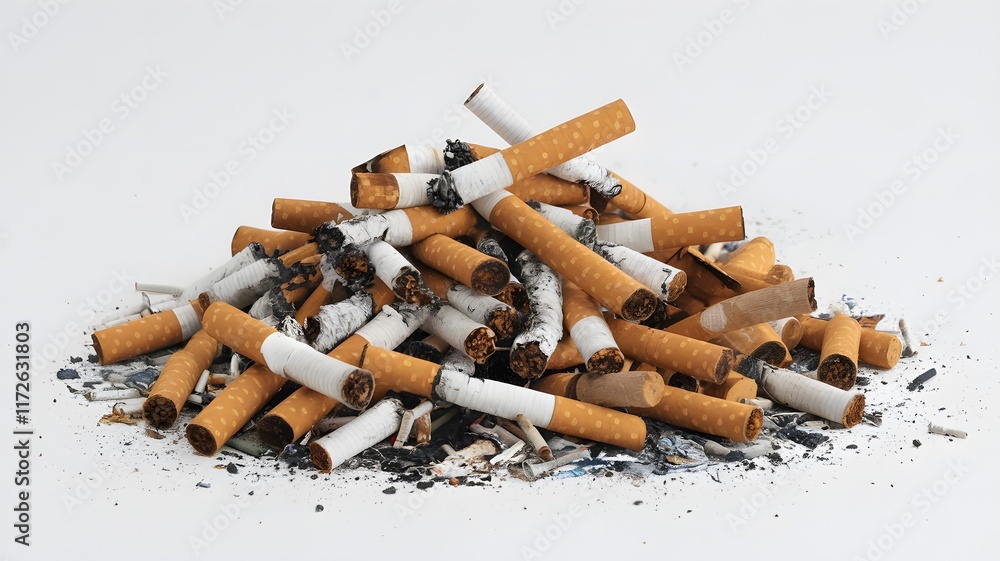 Wall mural large pile of used cigarette butts with visible filters and ash, emphasizing the accumulation of cig