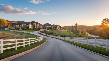 Obraz premium spring landscape with road, Spring Landscape with Winding Road, Blooming Trees, and Green Fields Scenic Spring Countryside with Road, Lush Meadows, and Blossoming Trees,