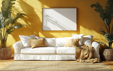 Sunny living room, white sofa, yellow wall, plants, mockup.
