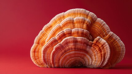 Obraz premium Side view of a single Reishi mushroom lying at an angle on a bright red background, emphasizing its texture.