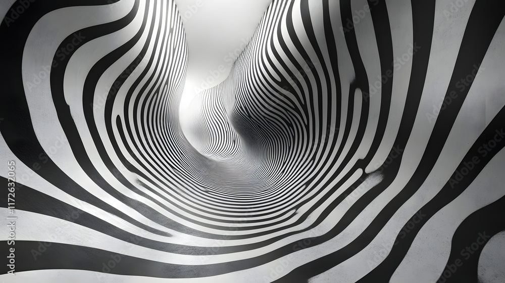 Poster Abstract Black and White Backgrounds. A mesmerizing digital art piece featuring a swirling tunnel with black and white stripes creating an illusion of depth and movement.