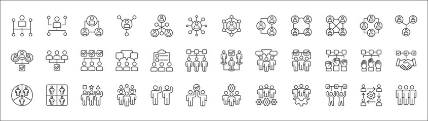 Business teamwork and network vector icon set. Cooperation business thin line icons. Contains symbol icons of connection, management, team, group, relationship, leadership, deliberation, forum.