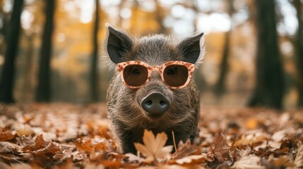 A cute wild boar piglet wearing sunglasses sits in autumn leaves.