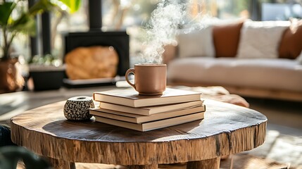 5. Stack of books and a steaming mug on a wooden coffee table in a comfortable living space