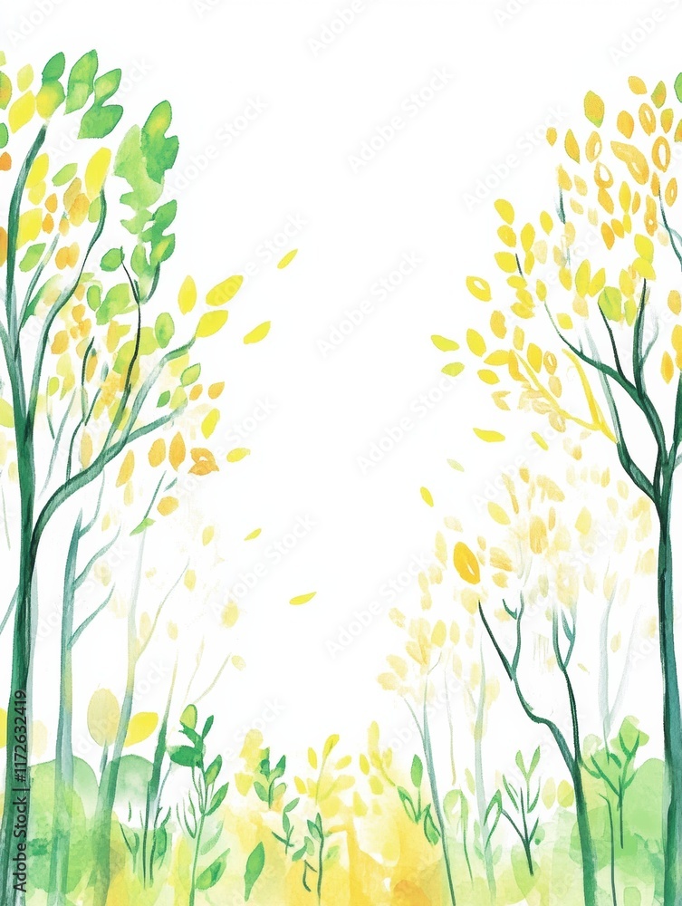 Poster playful doodle of vibrant trees with green and yellow leaves in a whimsical forest setting during a 