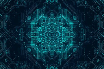 Abstract close-up of a glowing blue digital circuit board, showcasing intricate connections and technological design on a black background.
