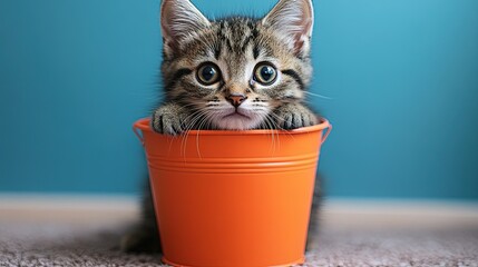 A cute kitten peeks out from an orange bucket against a blue background.