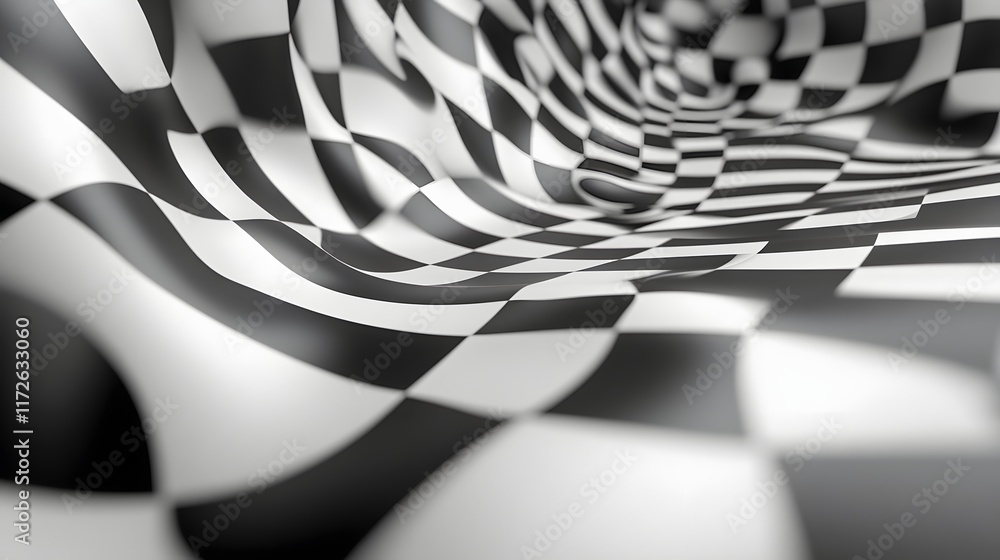 Poster Abstract Black and White Backgrounds. 3D render of a dynamic checkered flag. Perfect for racing themes.
