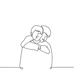 man hugging another man from behind with his hand and resting his chin on shoulder - one line art vector