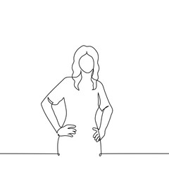 woman stands with her hands on hips - one line art vector