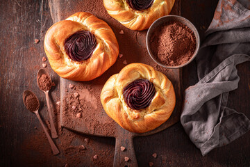 Sweet chocolate pudding yeast cake made of cocoa.