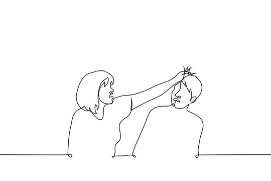 irritated woman grabs hair of man sitting next to her - one line art vector. concept aggression, pull hair, irritation, violence