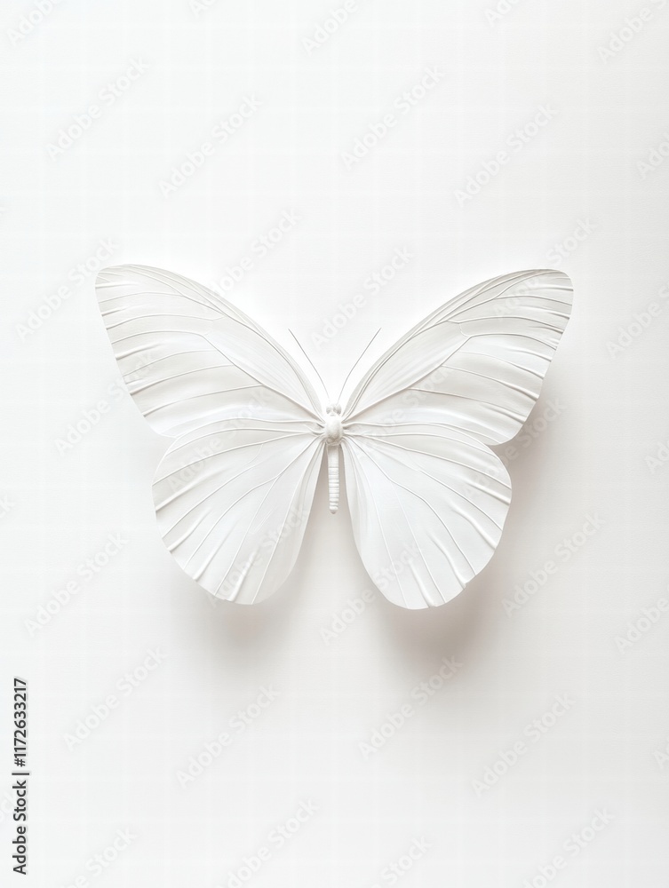 Fototapete Delicate white butterfly resting on a pristine white sheet of paper creating a serene and minimalist aesthetic. Generative AI