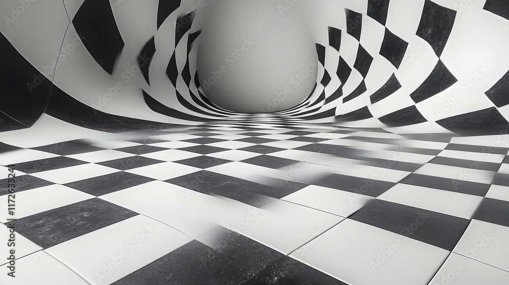 Aufkleber Abstract Black and White Backgrounds. A mesmerizing 3D rendering of a curved checkerboard, creating an illusion of depth and movement.