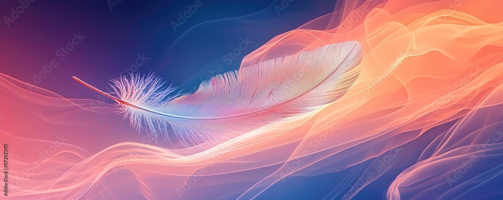 Poster feather abstract background concept. a soft, ethereal feather floats through vibrant waves of color,