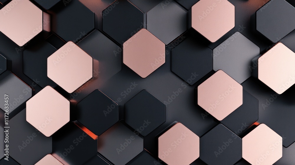 Poster abstract hexagonal pattern with black and rose gold elements.